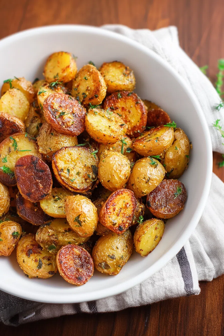 Roasted golden cubes garnished with chopped parsley on a ceramic plate.