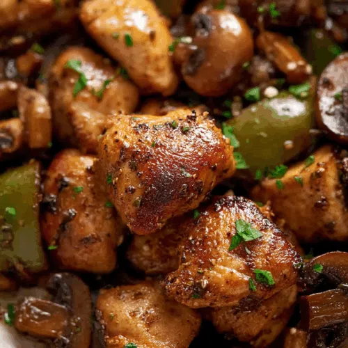 Close-up of juicy, seared chicken and mushrooms topped with herbs.