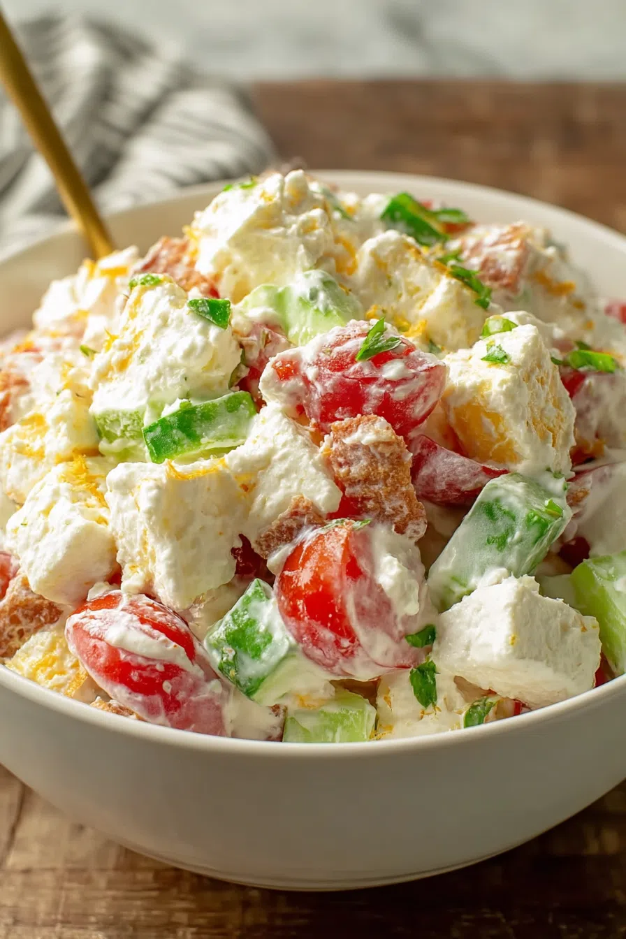 Fork resting in a scoop of creamy vegetable salad with a crunchy texture.