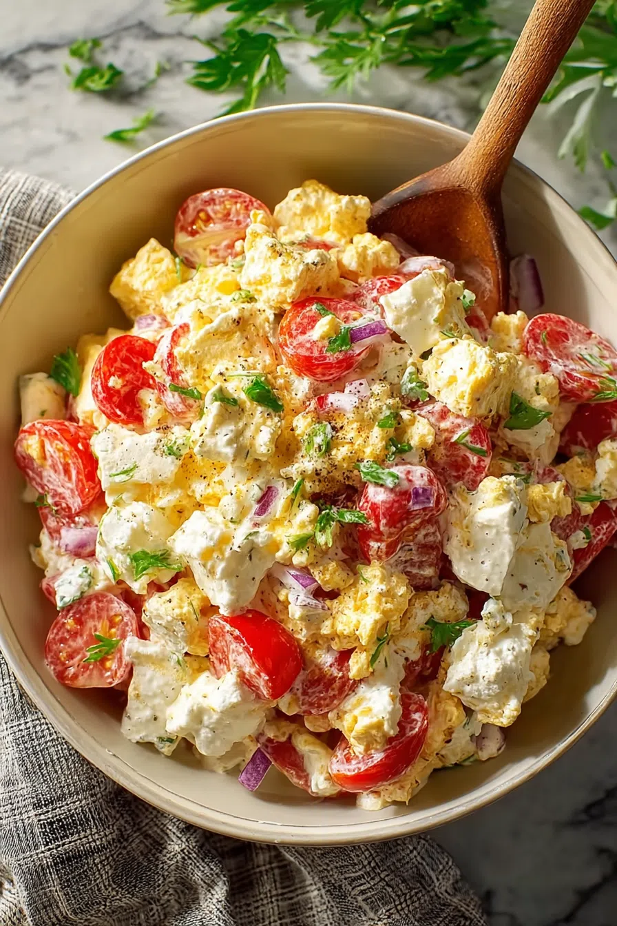 Rustic table setting with a spoonful of savory salad on a small plate.