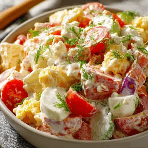 Close-up shot highlighting chopped tomatoes and green onions mixed into the dish.
