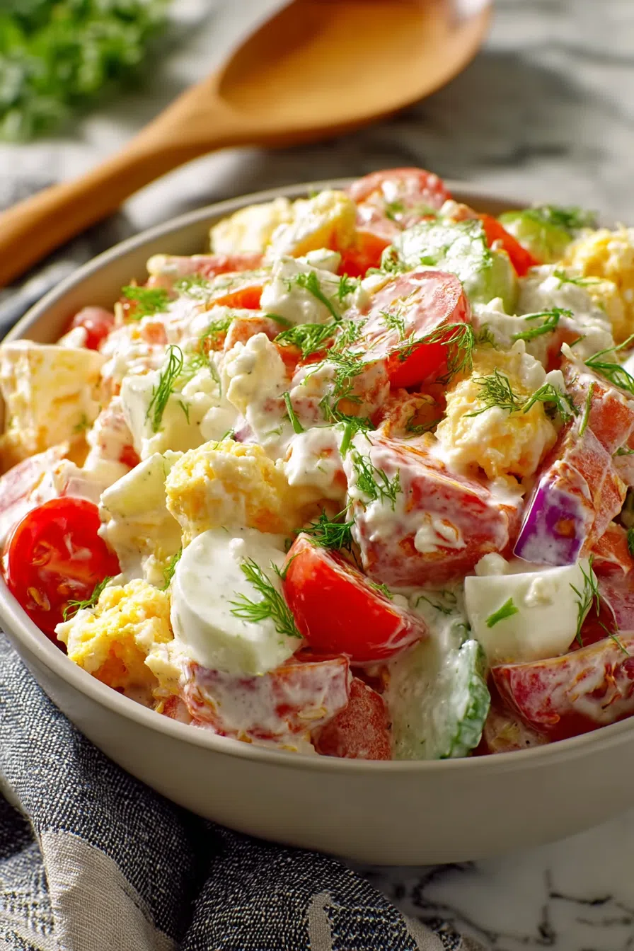 Close-up shot highlighting chopped tomatoes and green onions mixed into the dish.
