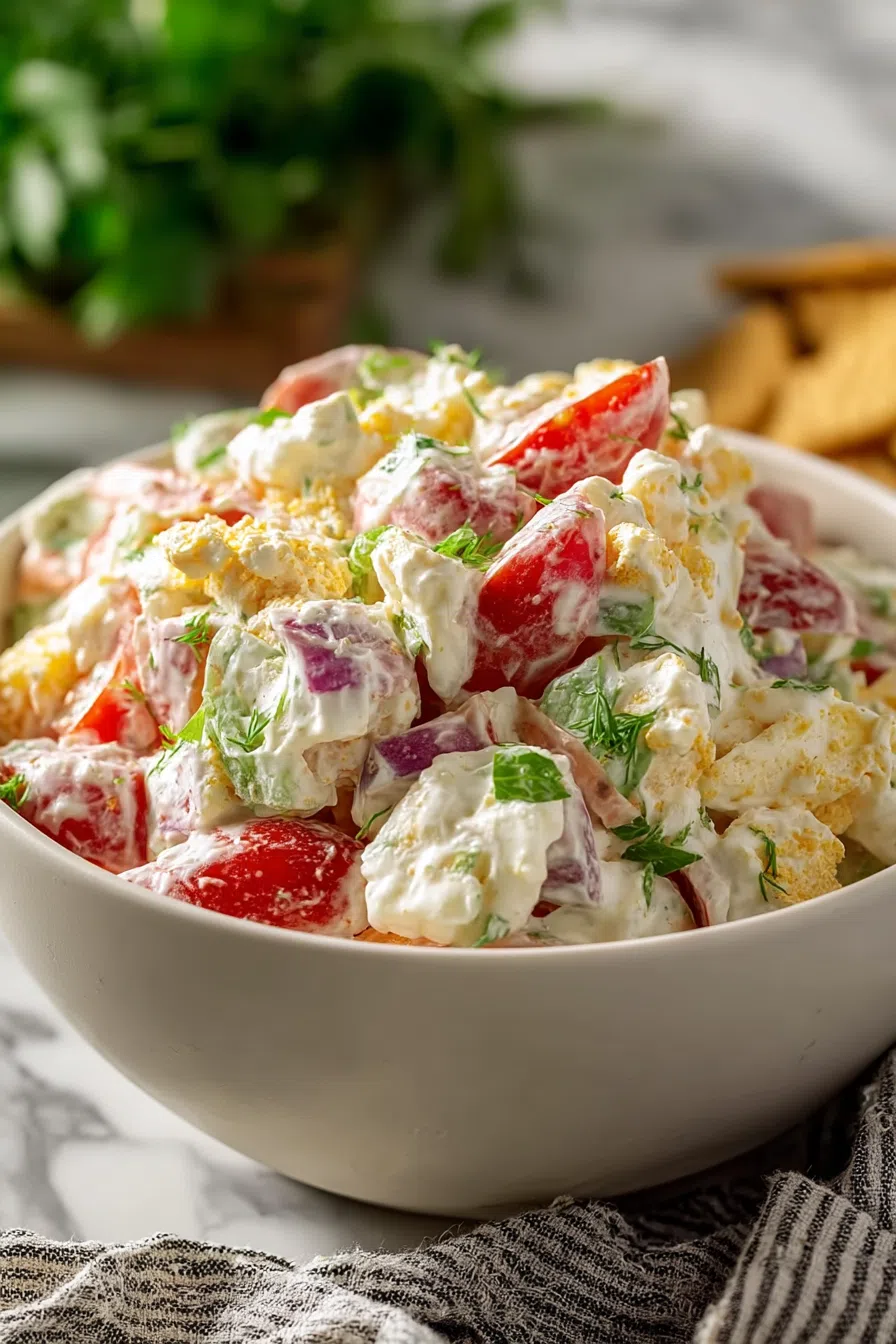 Side angle of a chilled salad served in a glass bowl with a garnish.