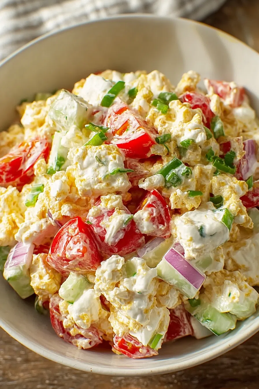 Overhead view of a creamy salad mixture in a white serving bowl.