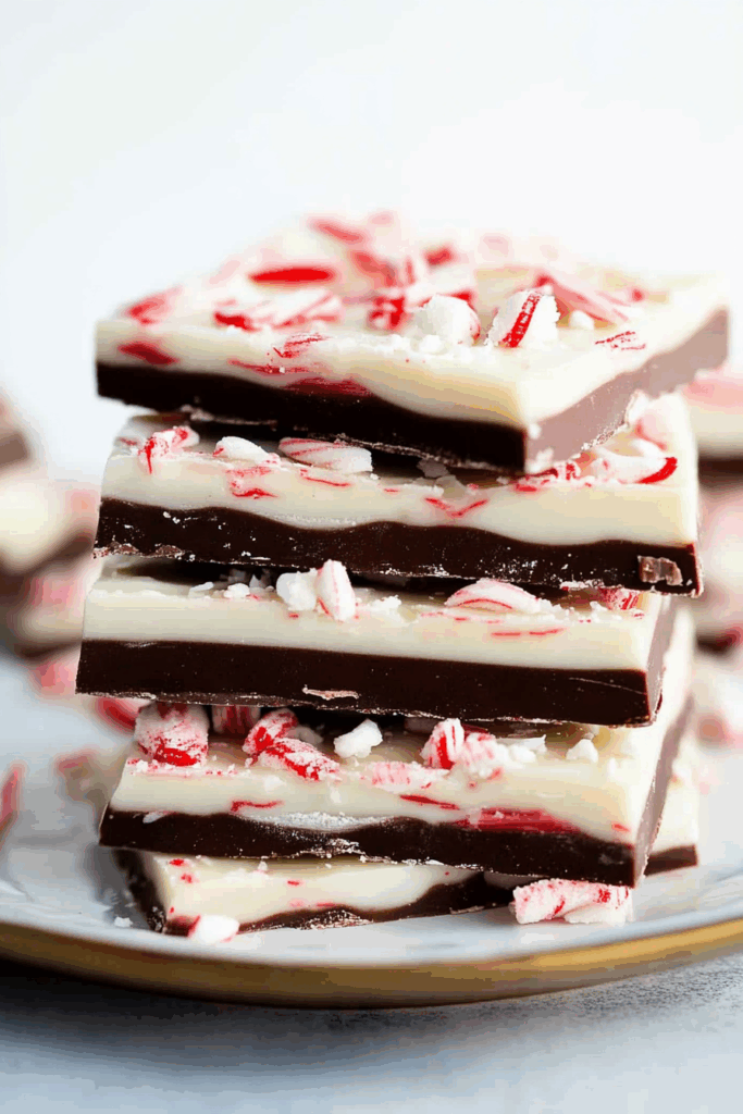 Festive treat arranged on a holiday plate with red and white sprinkles.