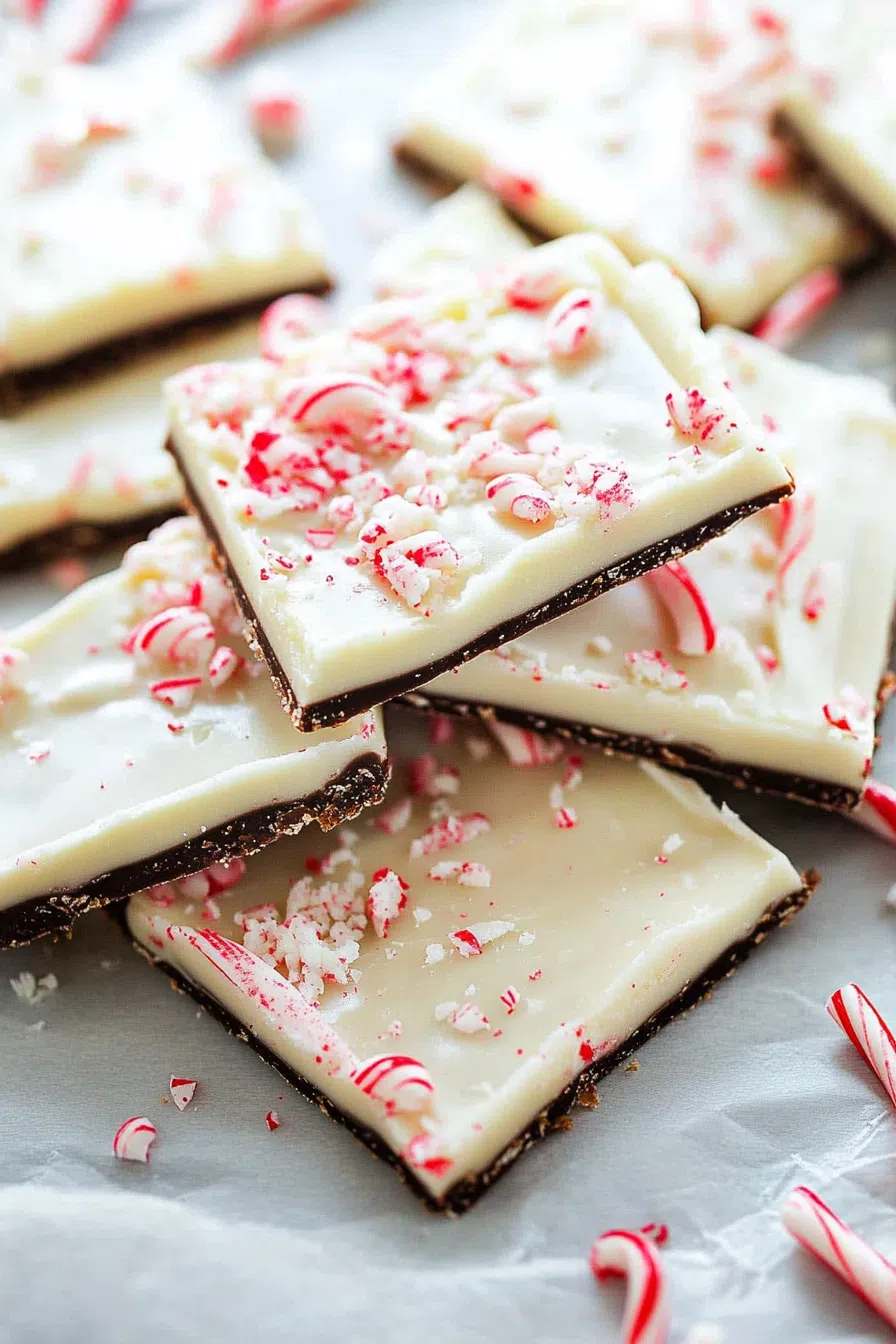 Thin chocolate squares with a creamy white layer and candy cane topping scattered on a plate.