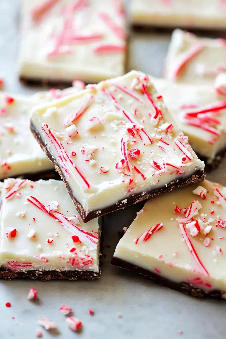 Broken chunks of striped chocolate bark displayed on parchment paper.