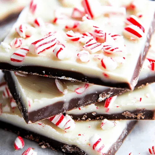 Close-up of chocolate bark pieces layered with white and dark chocolate, topped with crushed peppermint candy.