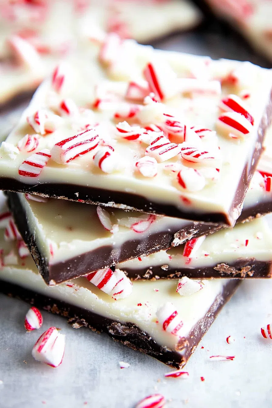 Close-up of chocolate bark pieces layered with white and dark chocolate, topped with crushed peppermint candy.