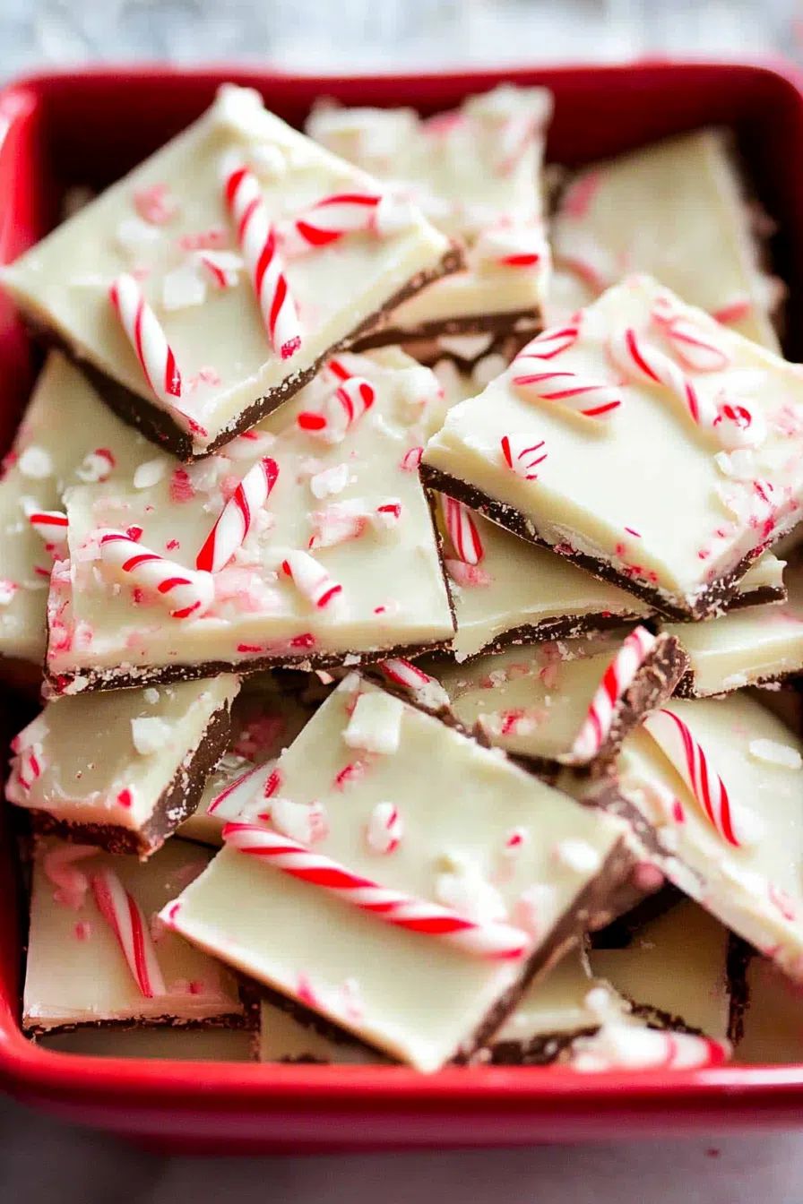 Overhead view of a sweet holiday snack with swirls of chocolate and peppermint bits.