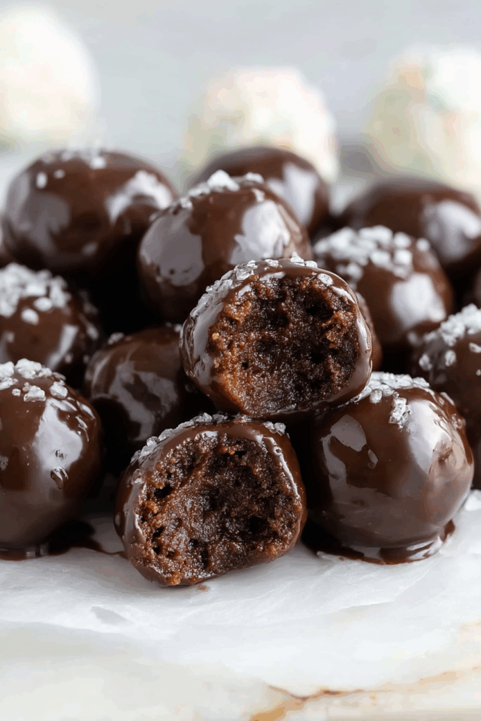 Overhead view of rich, chocolate-coated pastries on parchment paper.