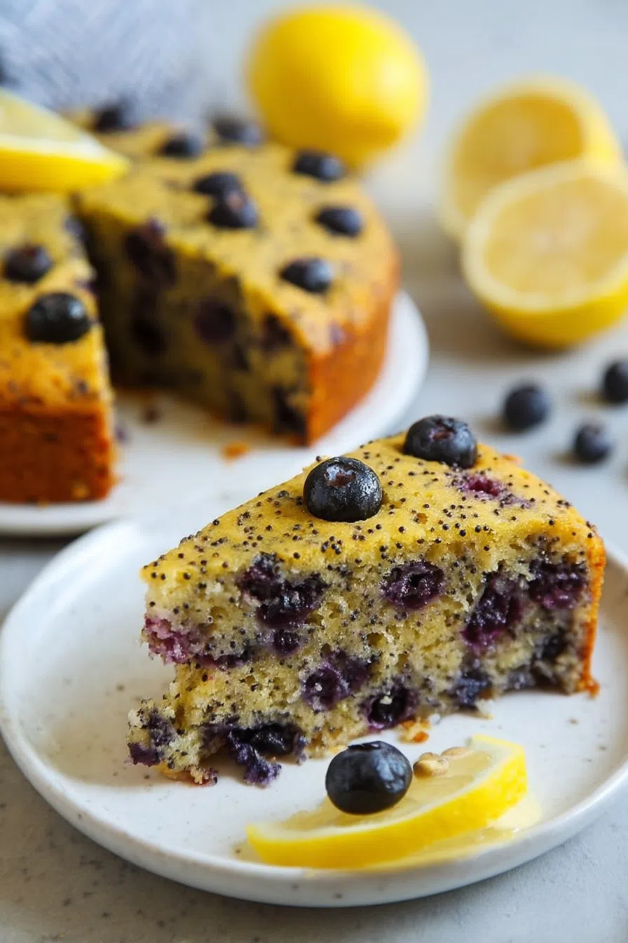 Sliced cake with a golden crumb and purple berries peeking through.