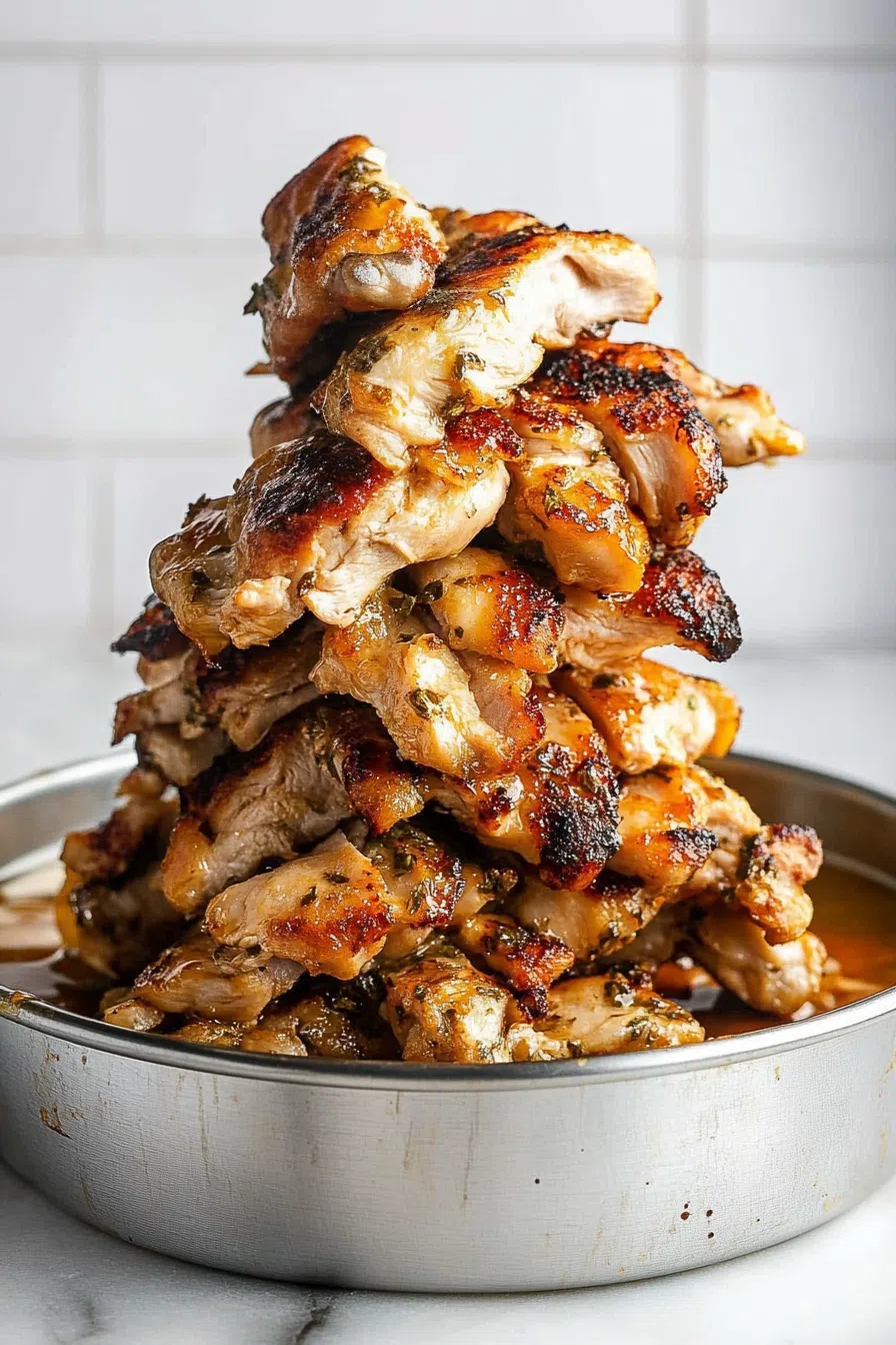 Charred and juicy meat pieces layered neatly with visible herbs and spices.