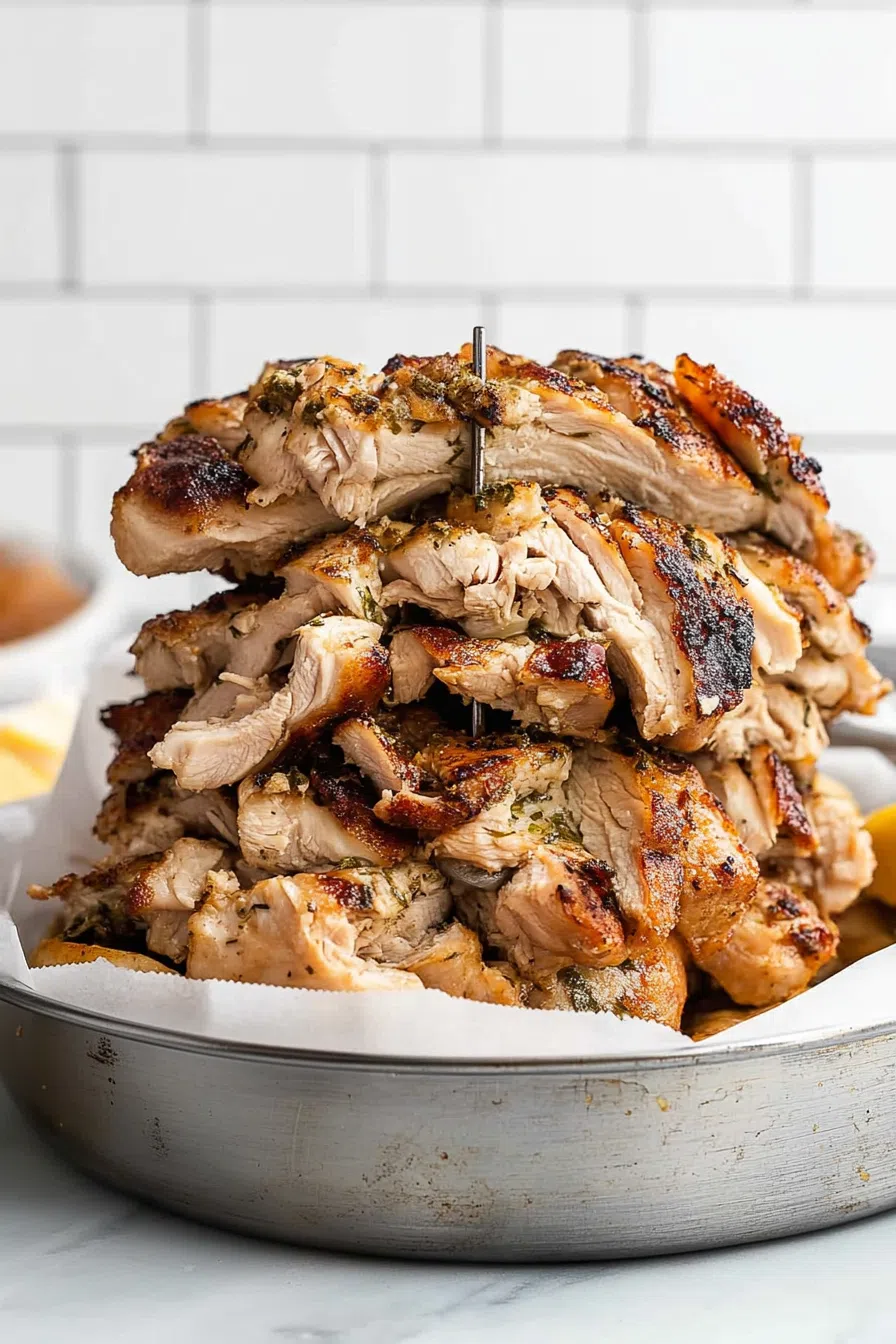 Close-up of stacked grilled meat with crispy edges, glistening from a flavorful marinade.