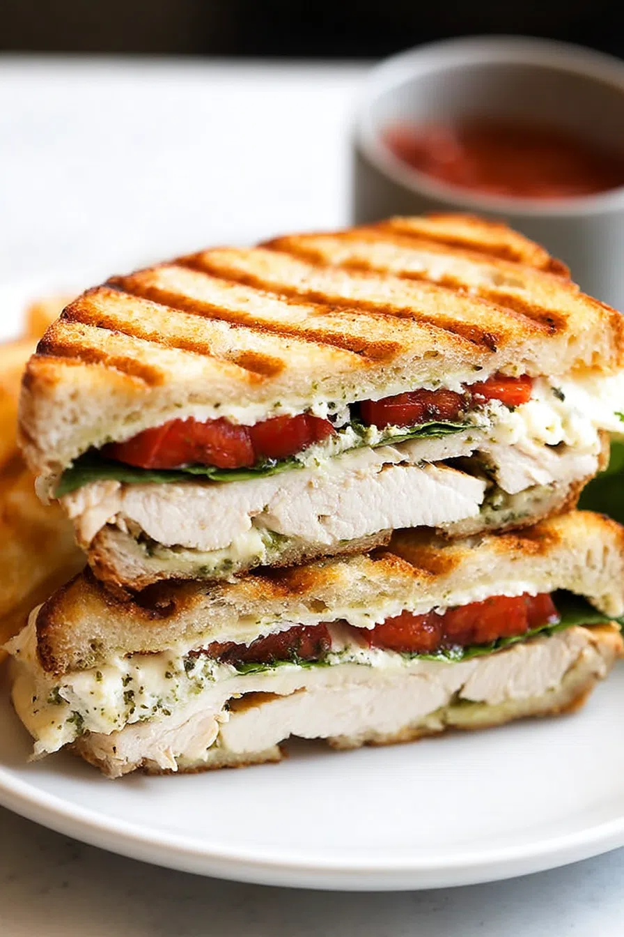 Close-up of toasted bread with melted cheese oozing between layers.