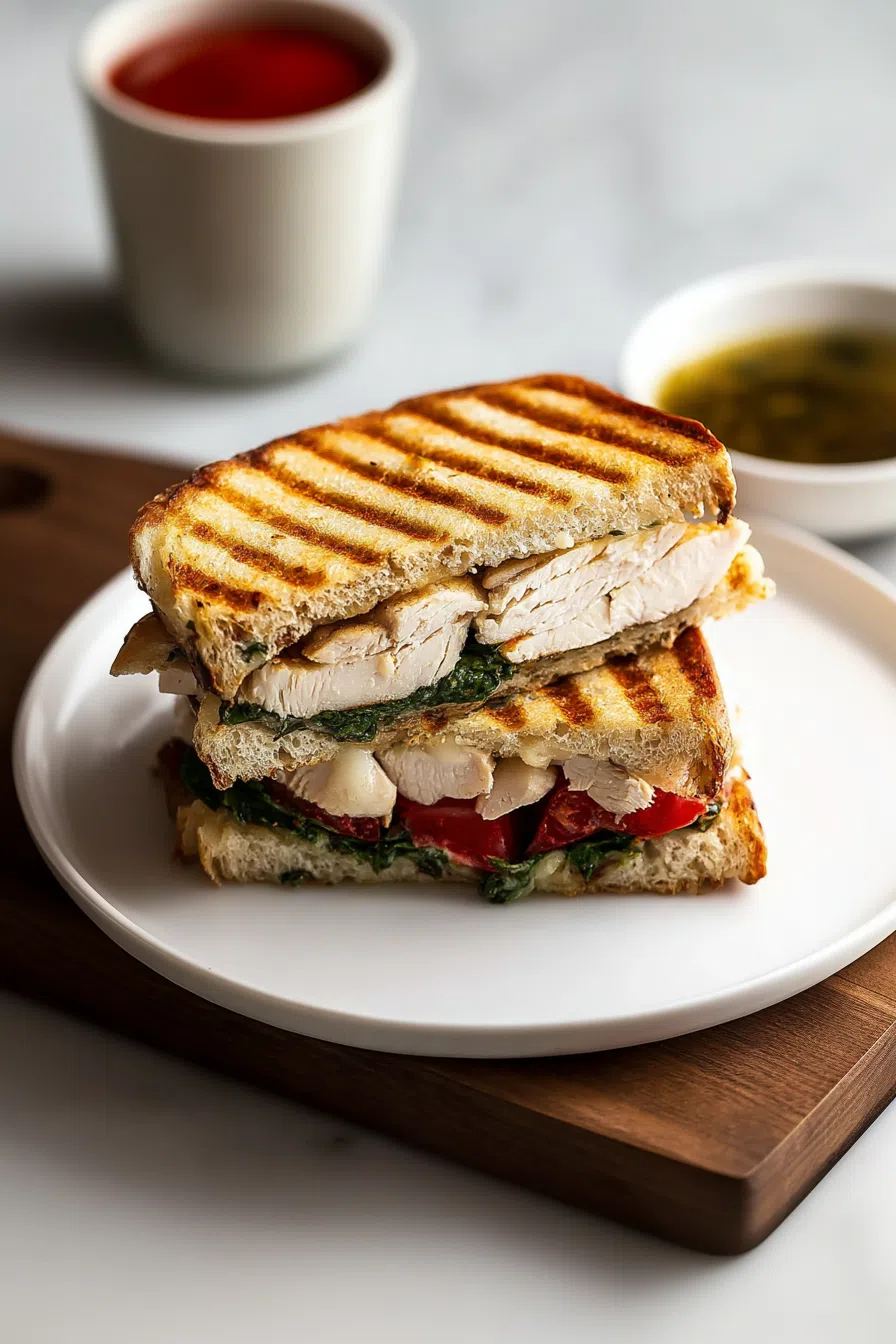 Rustic table setting featuring a hot, pressed sandwich ready to serve.