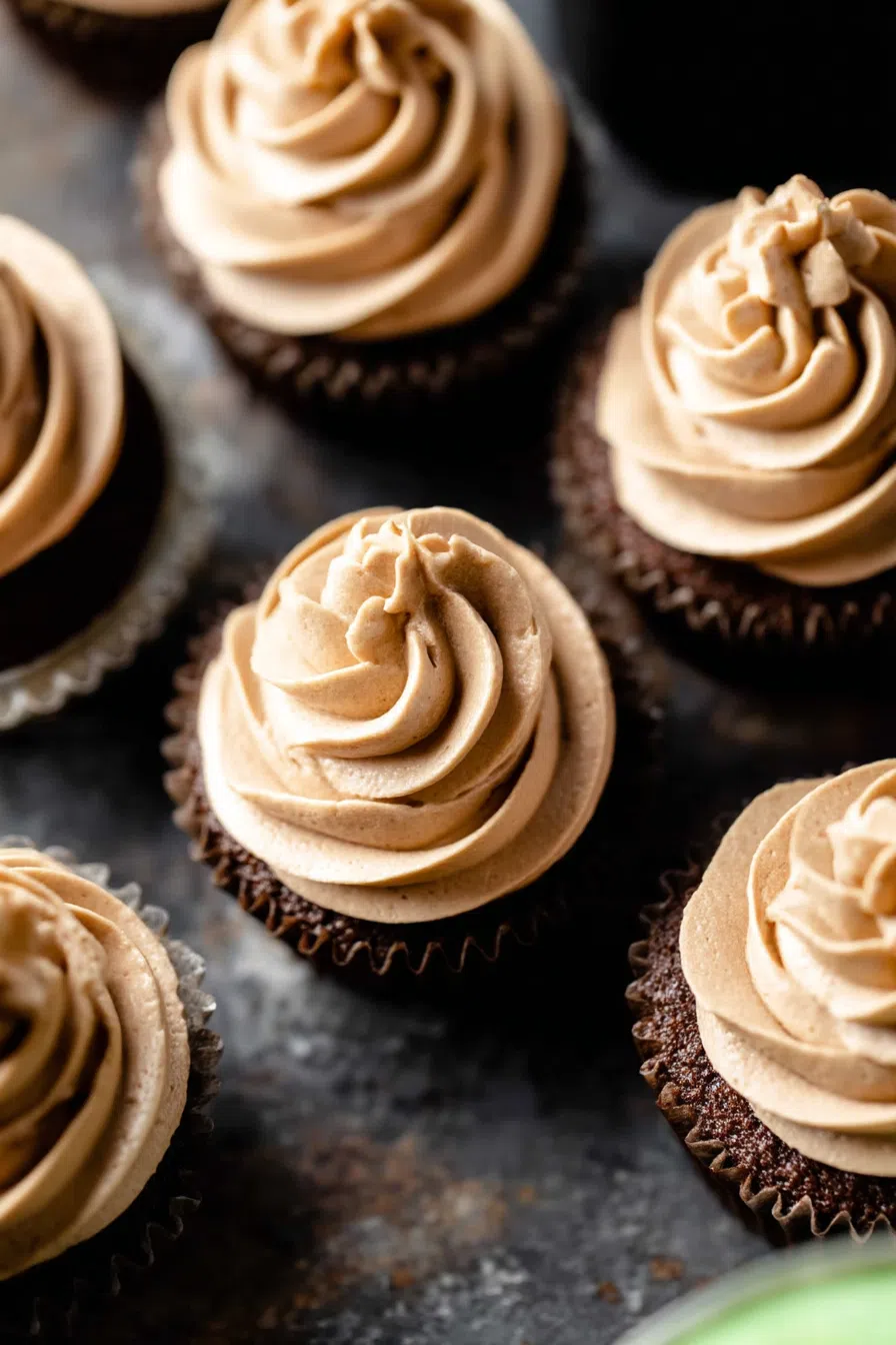 Overhead view of individually decorated cupcakes with creamy swirls.