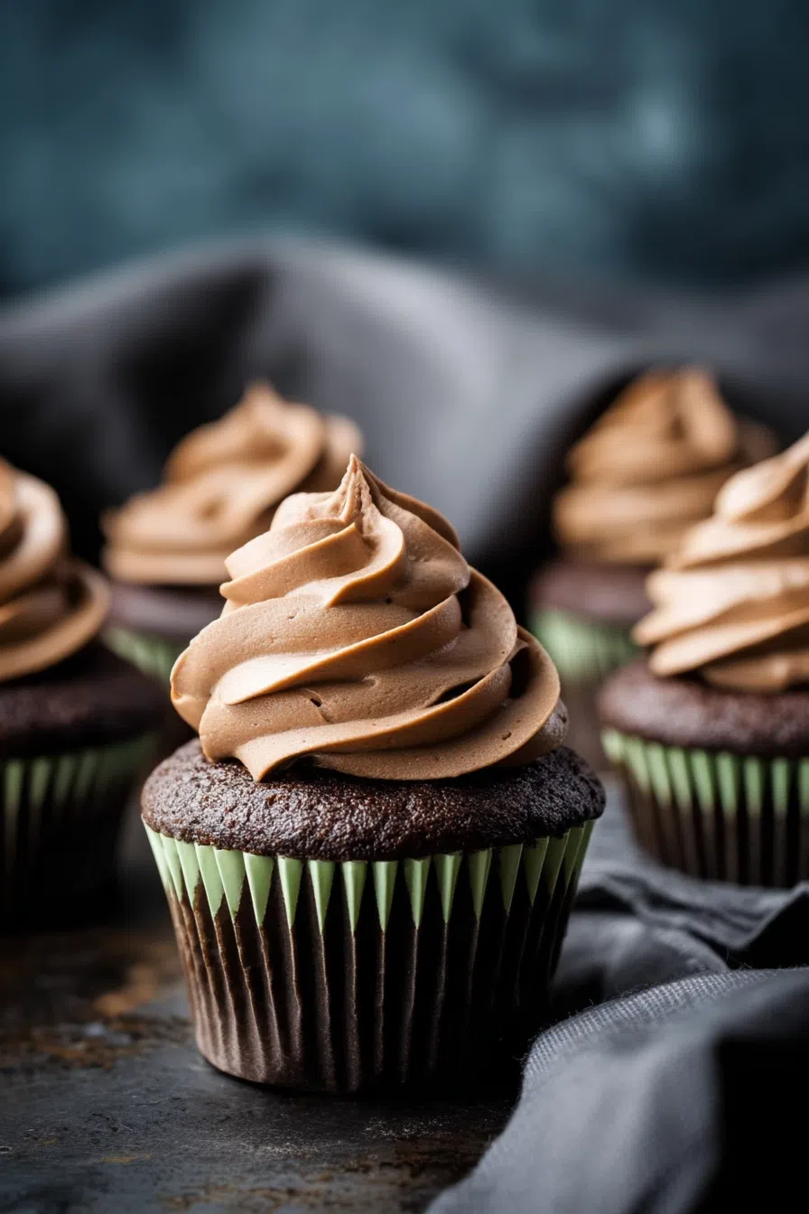 Dessert display featuring deep chocolate cupcakes with a glossy finish.