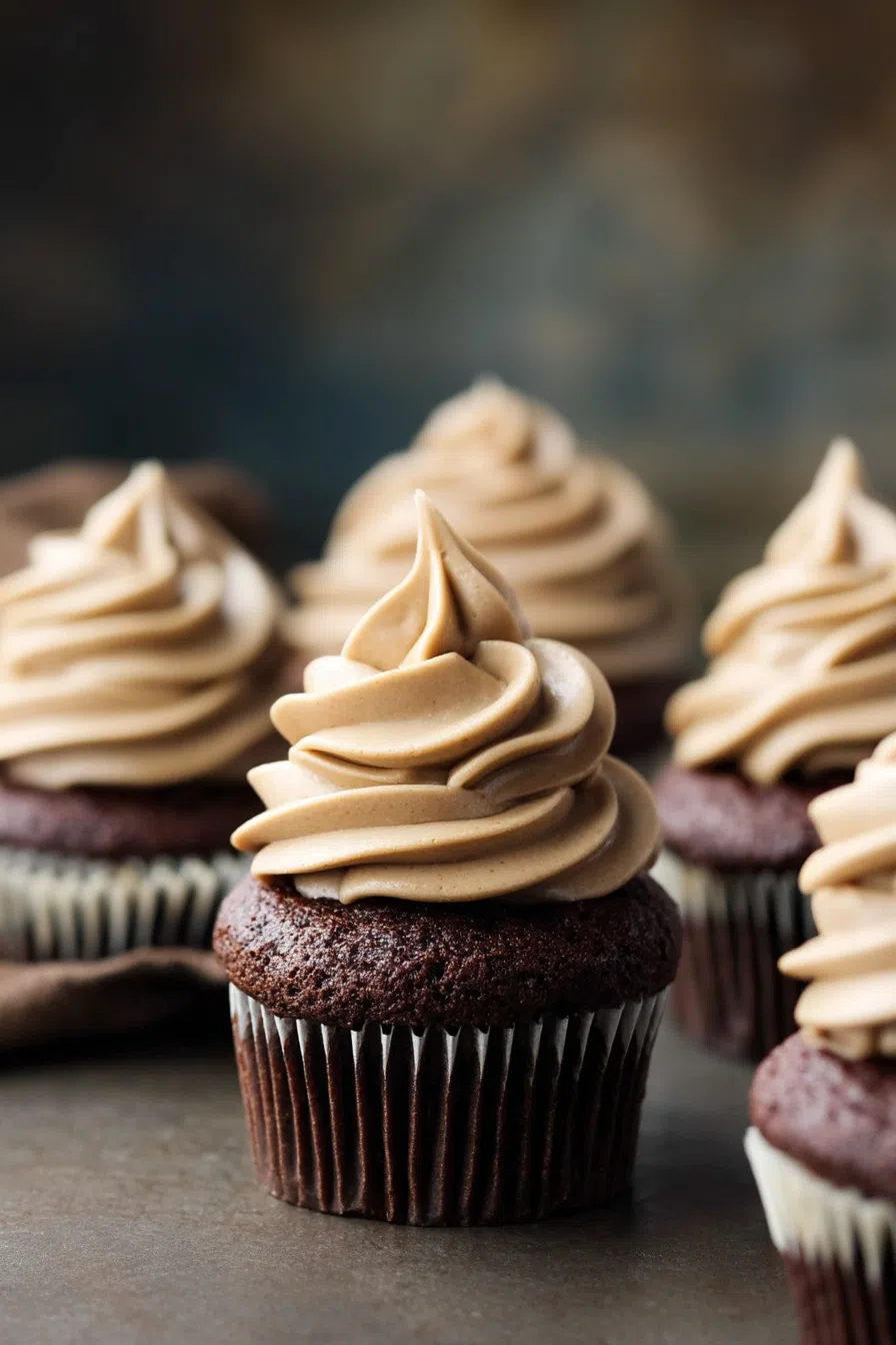 Close-up of rich, frosted cupcakes topped with chocolate shavings.