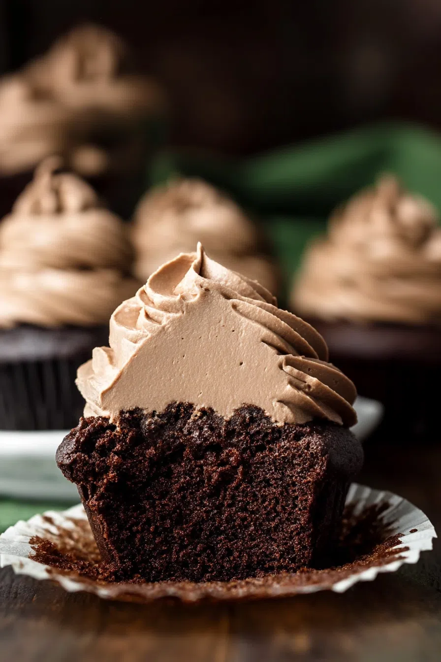 Cupcake unwrapped to reveal its dense, velvety crumb.