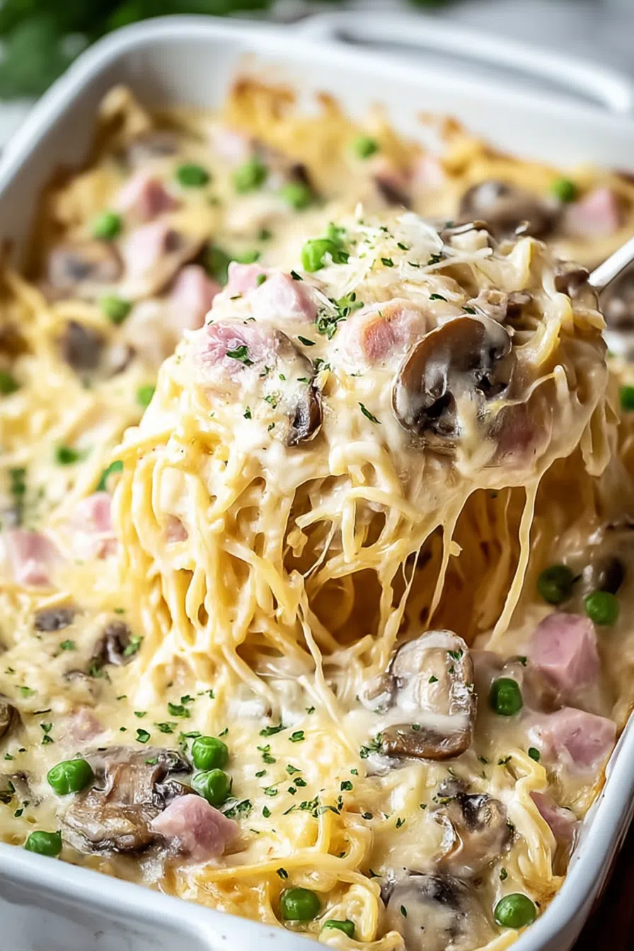 Overhead view of a family-style meal in a rectangular baking dish.