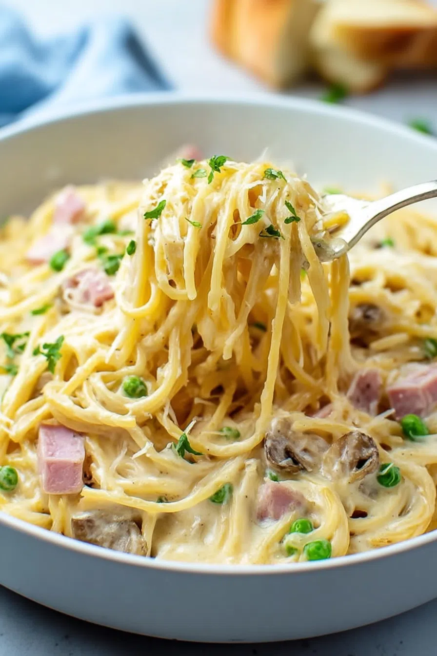 Fork lifting a cheesy bite from a pan of baked pasta.