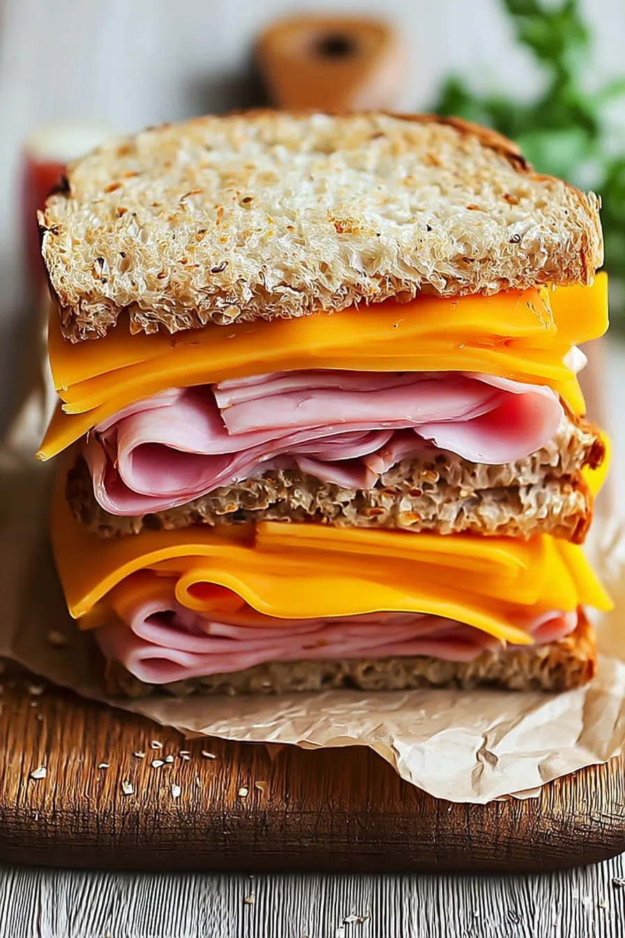 Overhead view of a rustic wooden board with neatly cut halves.