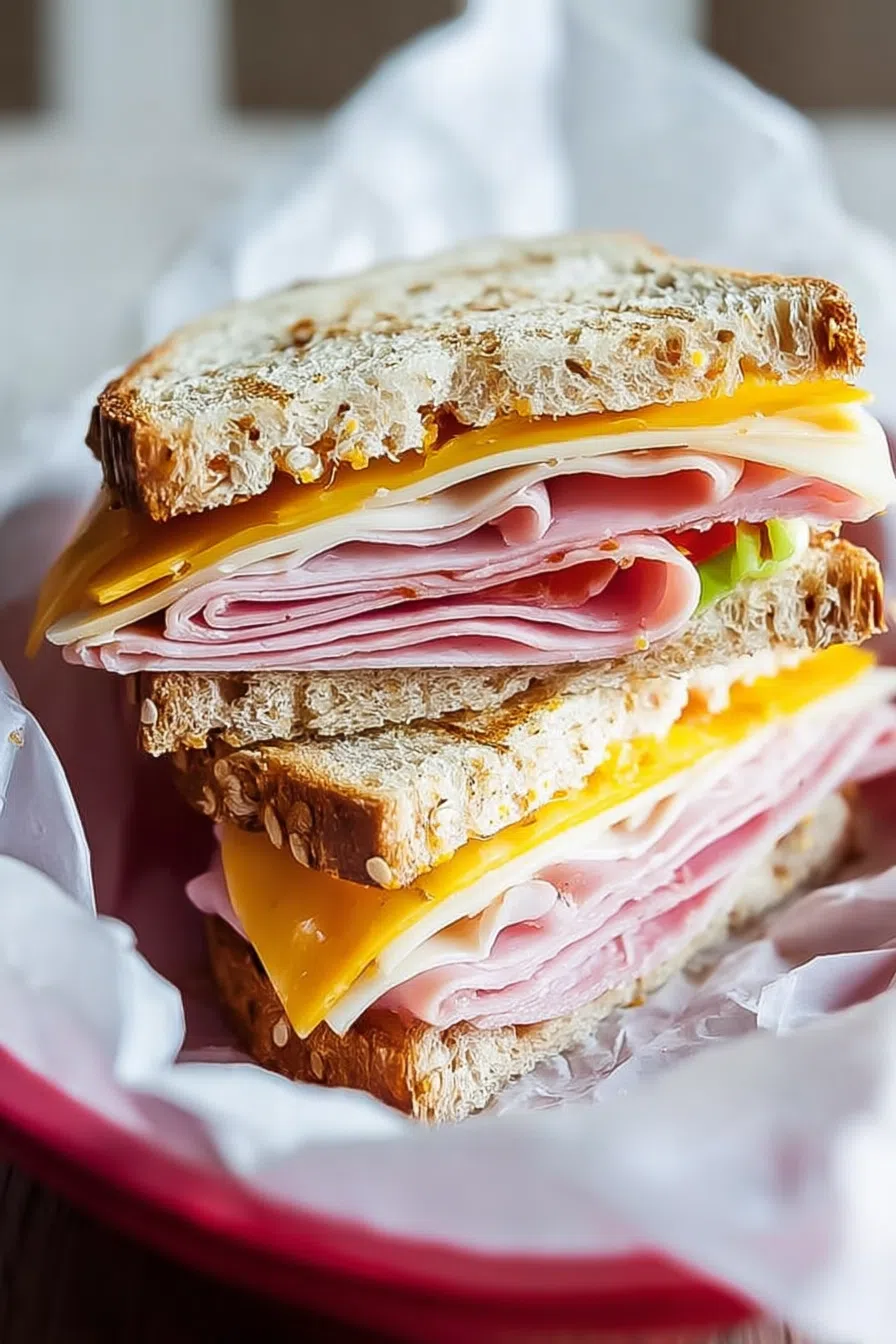 Sandwich cross-section showing layers of meat, cheese, and crispy bread.