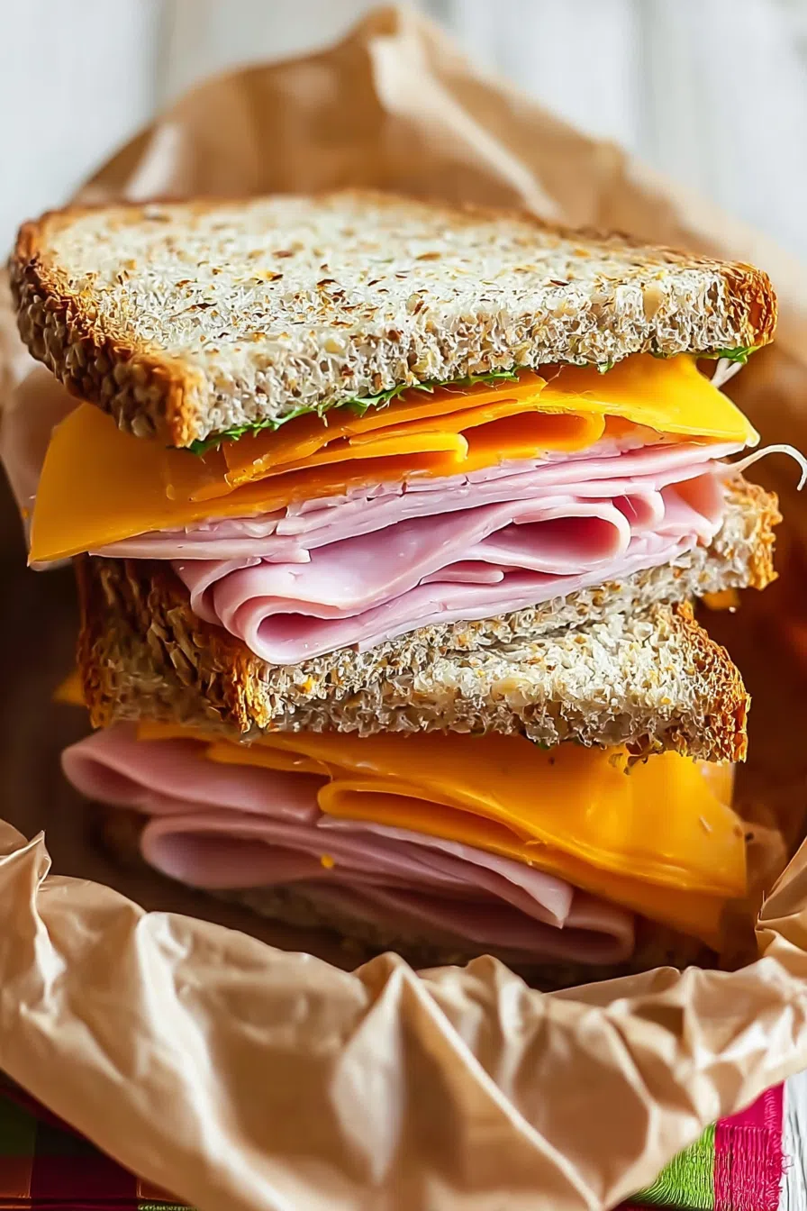 Close-up of a toasted sandwich cut in half and stacked.