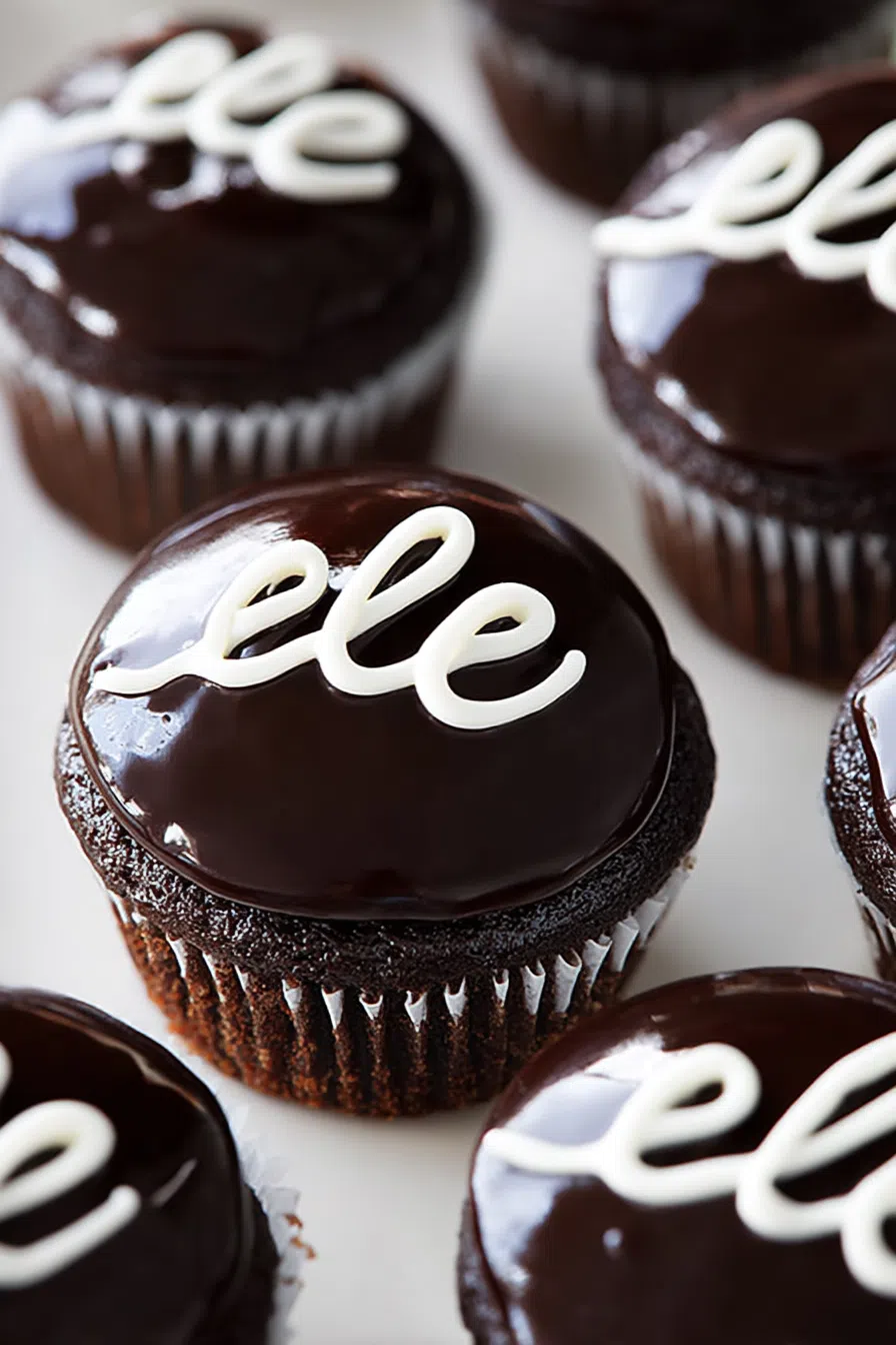 Chocolate dessert with a shiny ganache top and white swirl piped across the center.