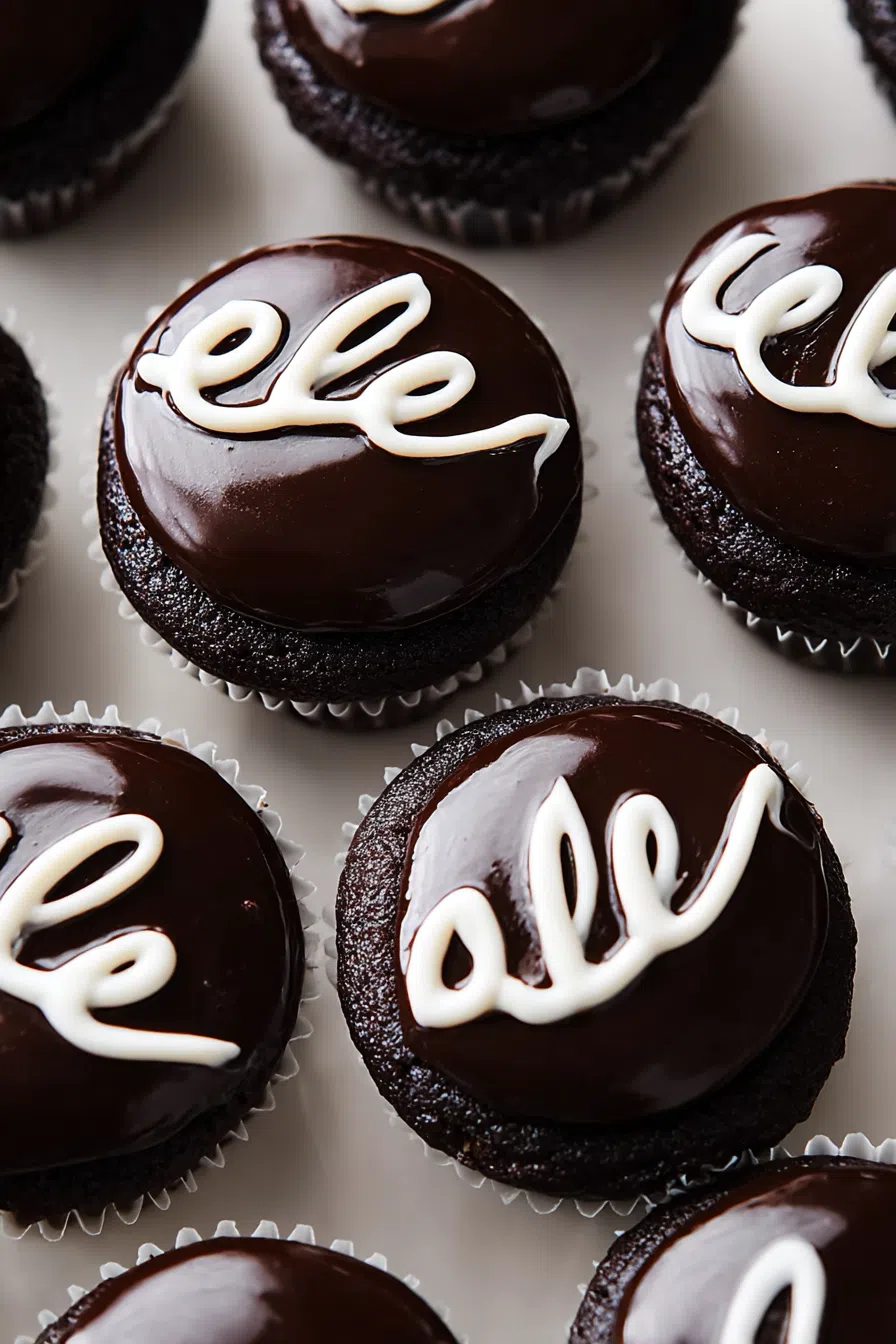 Close-up of a glossy chocolate topping with piped icing detail.