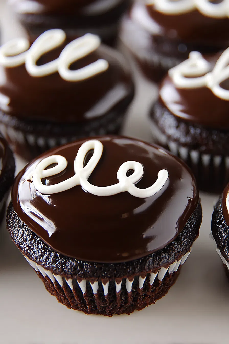Close-up of chocolate cupcakes with a glossy frosting and decorative white swirl on top.