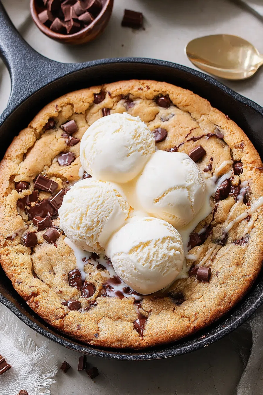 Thick, chocolate-studded treat fresh out of the oven in a small skillet.