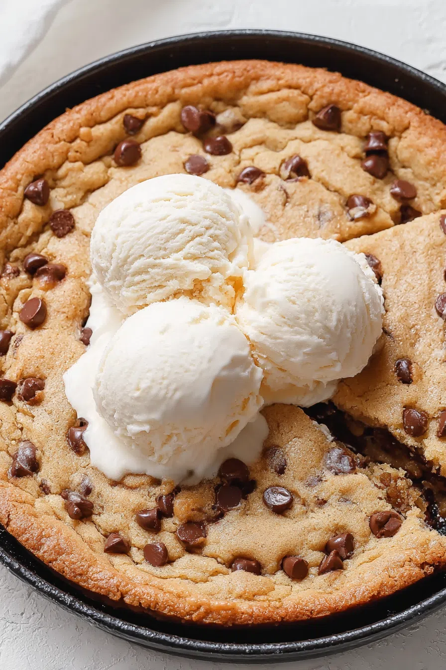 Overhead view of a baked cookie in a cast iron pan