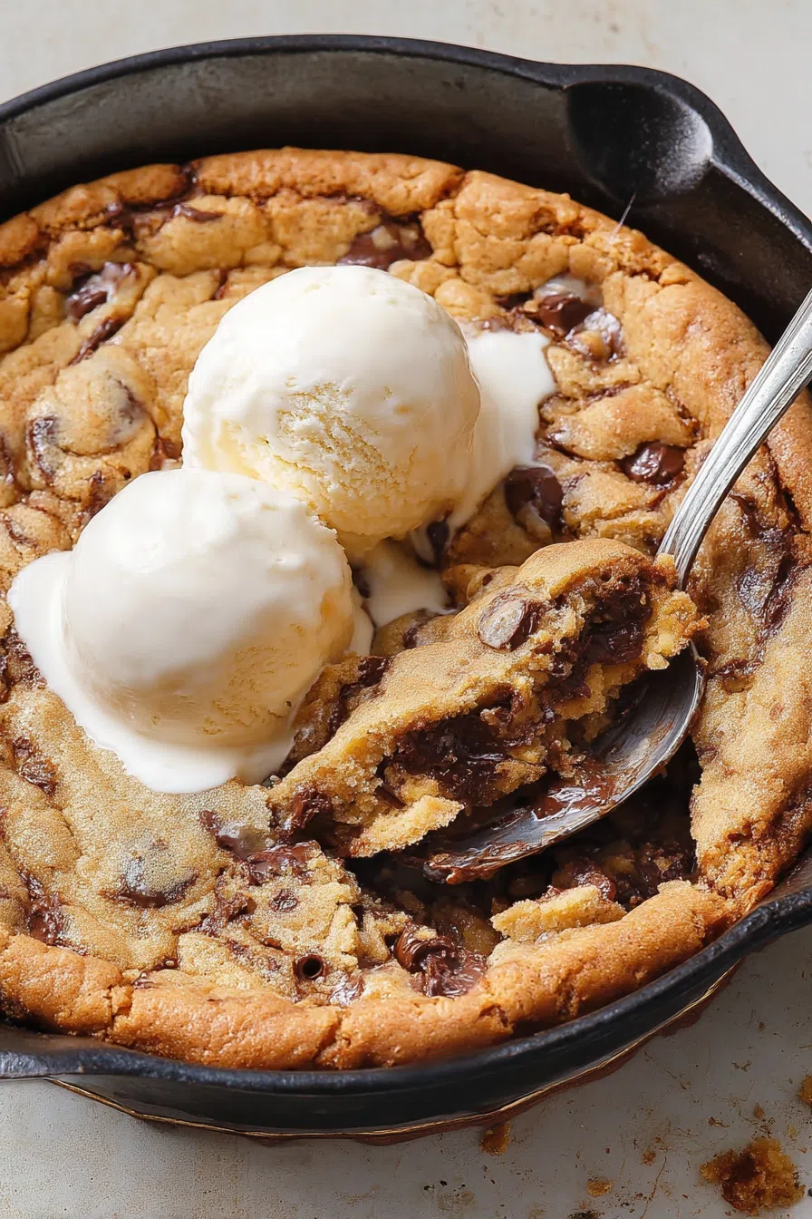 Close-up of a gooey dessert with golden edges and soft center.