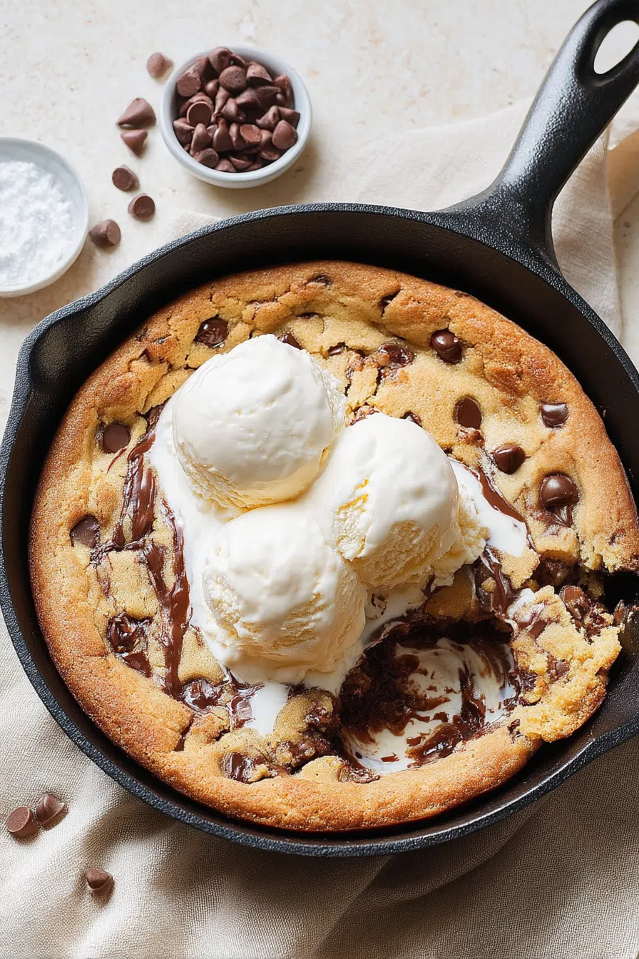 Scoop of ice cream slowly melting into a warm dessert base.