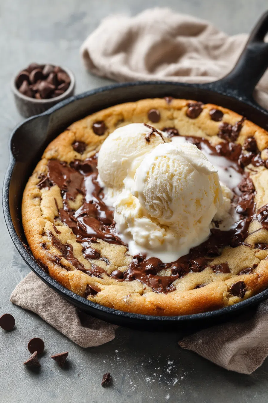 Skillet cookie topped with melting vanilla ice cream, served warm.