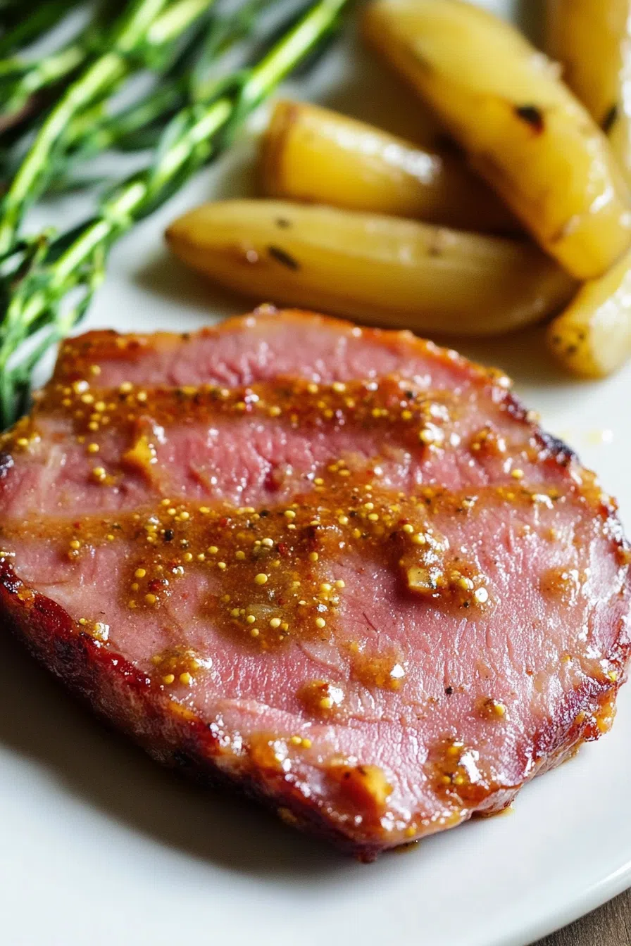 Served portion on a white plate alongside roasted potatoes and green beans