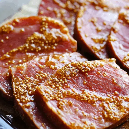 Thick meat portions arranged on a platter, sauce pooled gently underneath