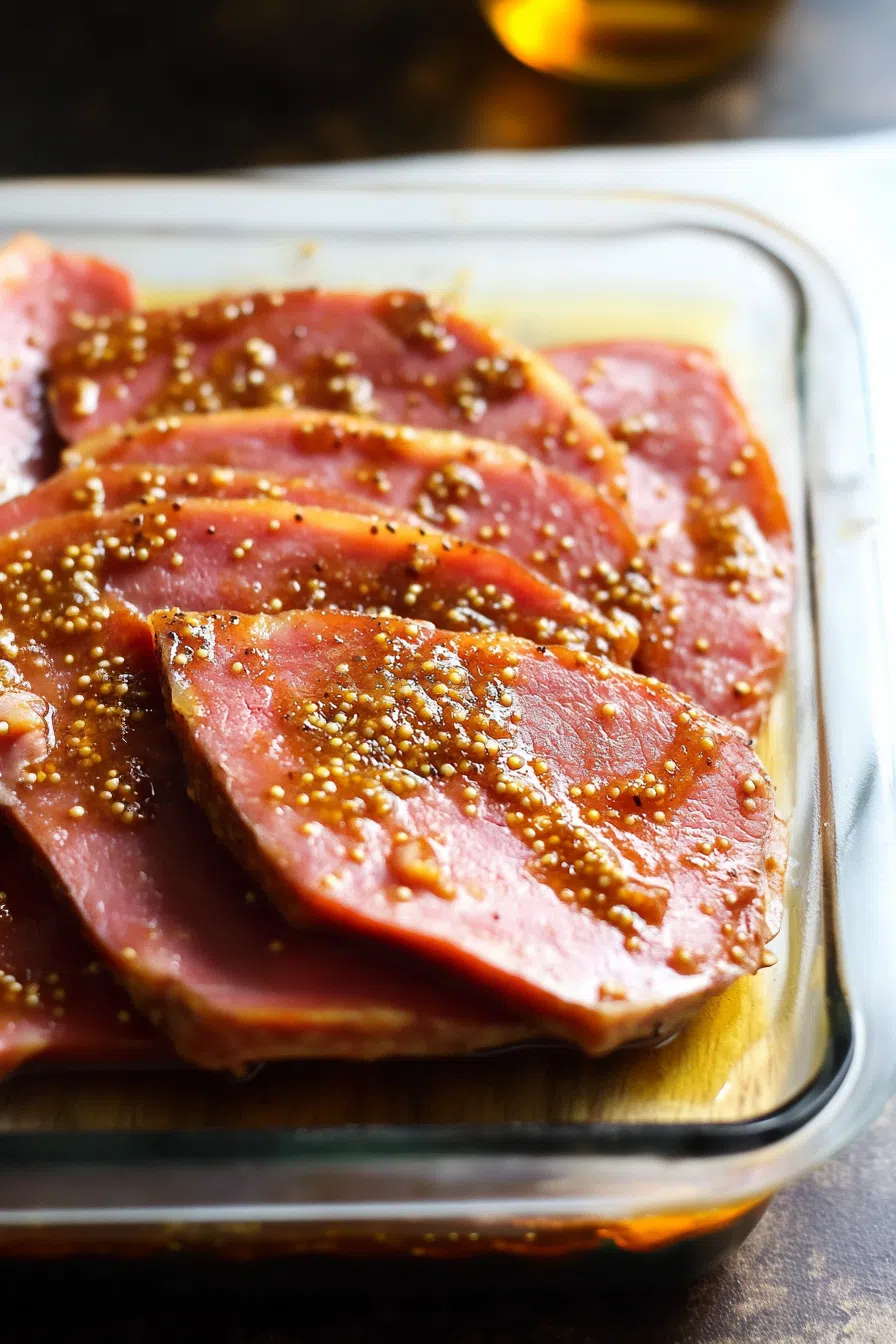 Overhead view of juicy ham slices brushed with a glossy, amber-colored glaze