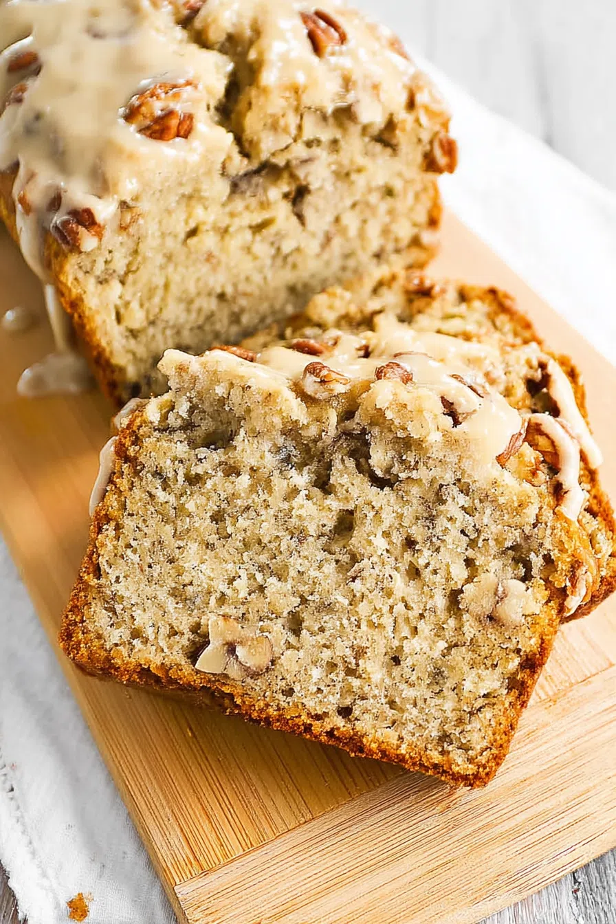 Sliced loaf with a golden crumb and specks of nuts and fruit on a wooden board.