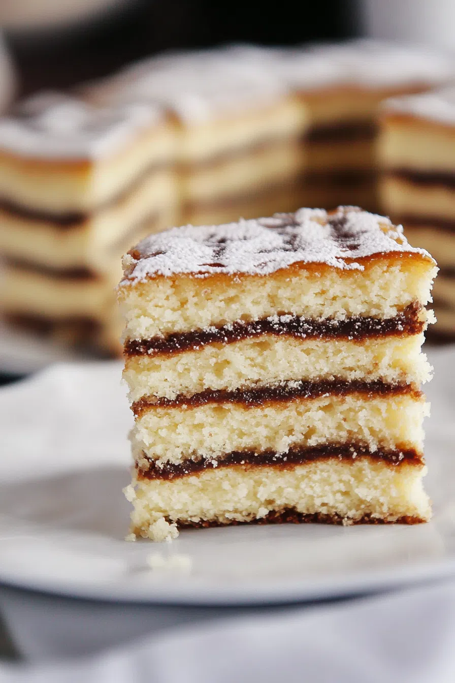 Cut piece of layered bar-style cake showing distinct jam and cake layers.