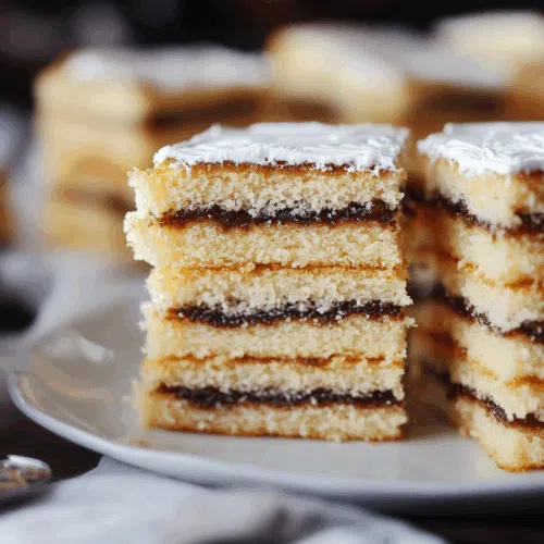 Layered cake slices displayed on a white dessert plate.