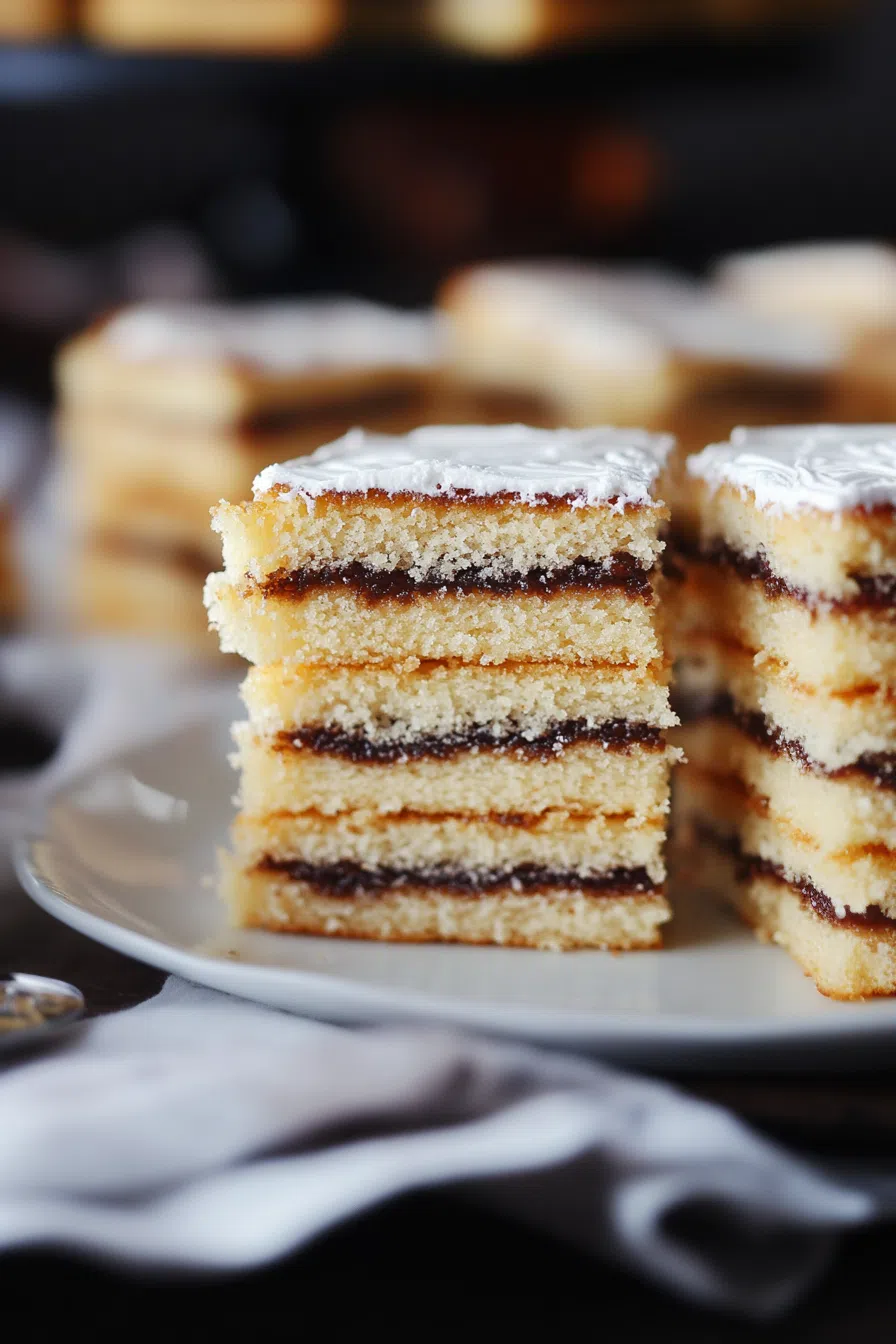 Layered cake slices displayed on a white dessert plate.