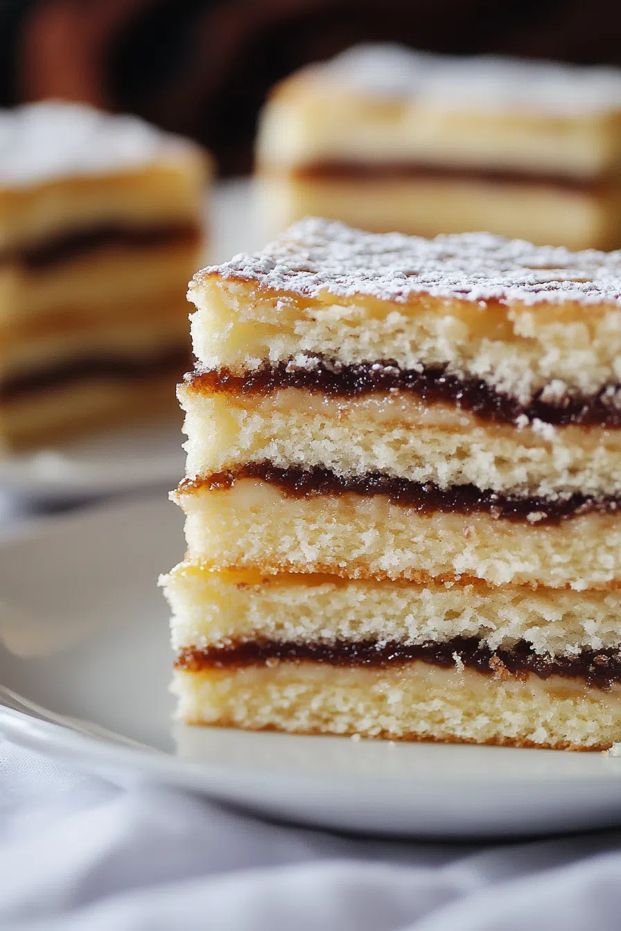 Sliced layered cake showing alternating thin layers of filling and cake.