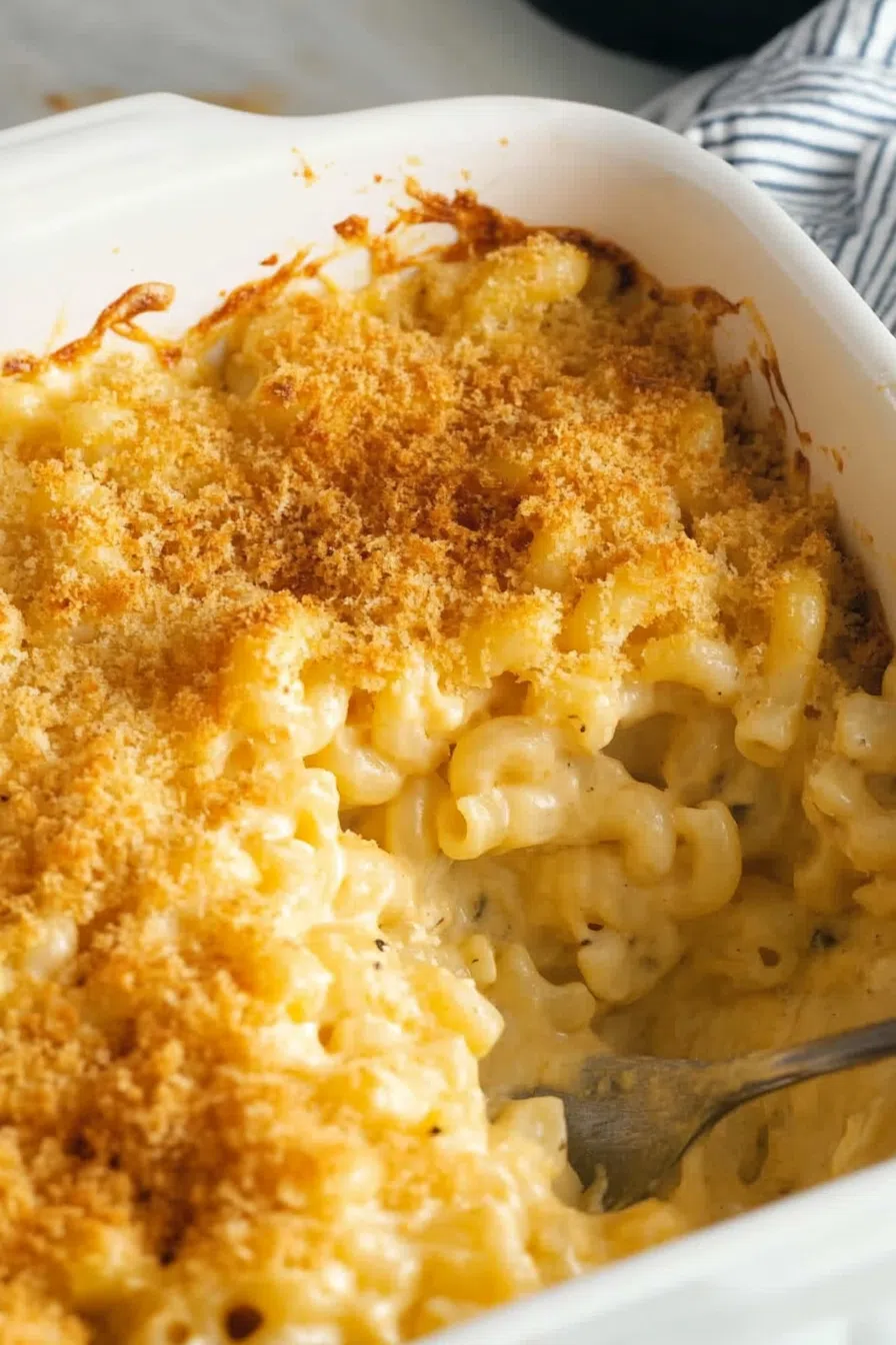 Baked pasta dish with a golden, bubbly cheese topping in a white casserole dish.