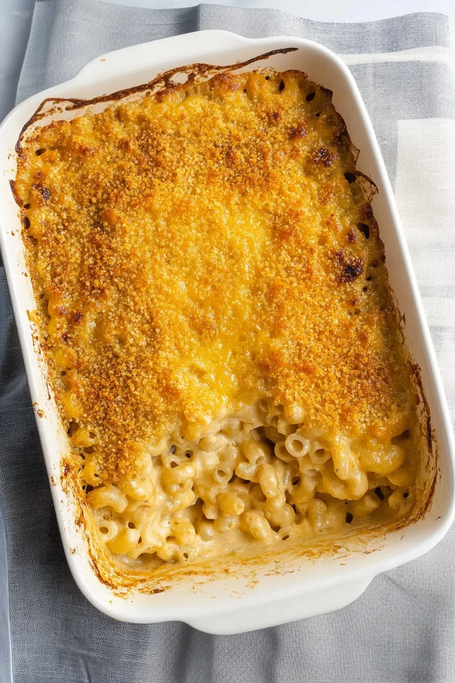 Bubbling casserole in a white baking dish, placed on a linen napkin.