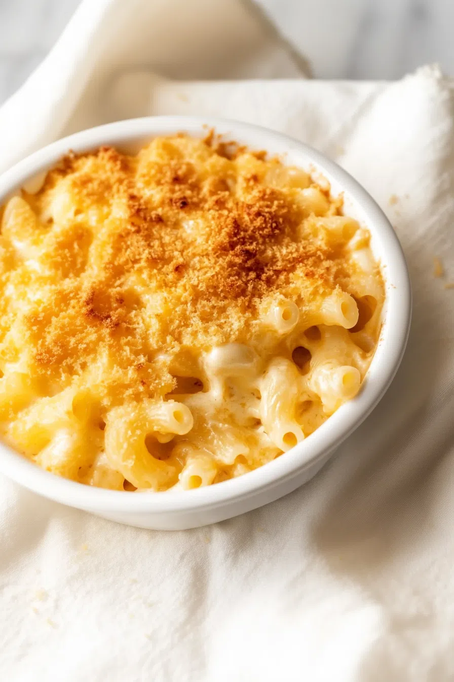 Serving of hot, oven-baked pasta on a bowl with a crispy breadcrumb crust.