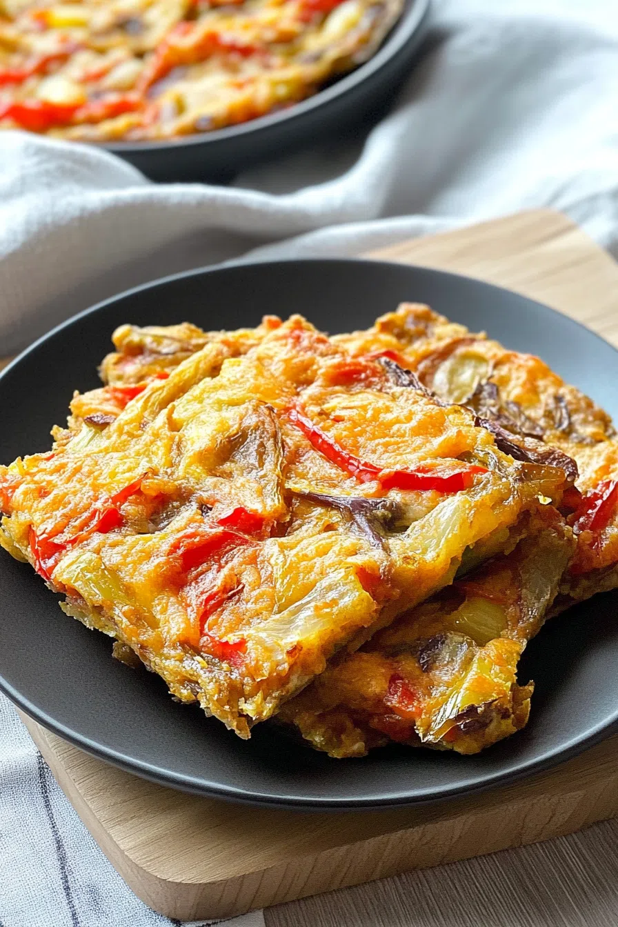 Overhead shot of a rustic tart cut into squares, ready to be served.