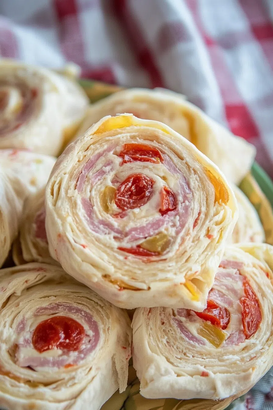 Close-up of neatly sliced rolled appetizers with colorful layered fillings.